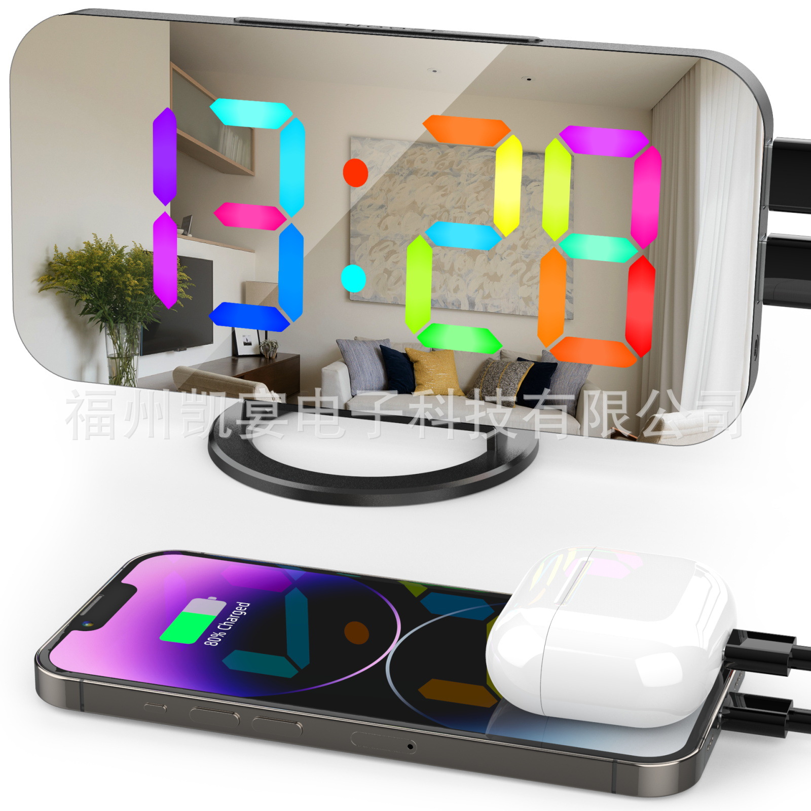 New RGB Colorful Large Screen Display Electronic Clock Dual USB Smart Mirror Alarm Clock
