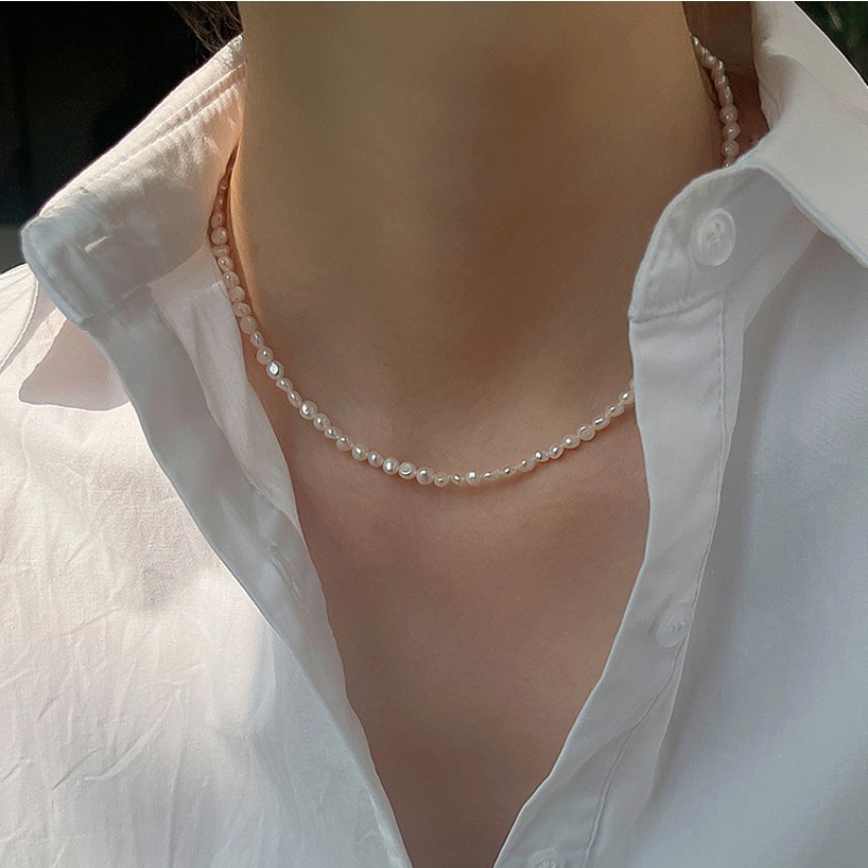 Baroque small rice freshwater pearl necklace for women, irregular pearl collarbone chain