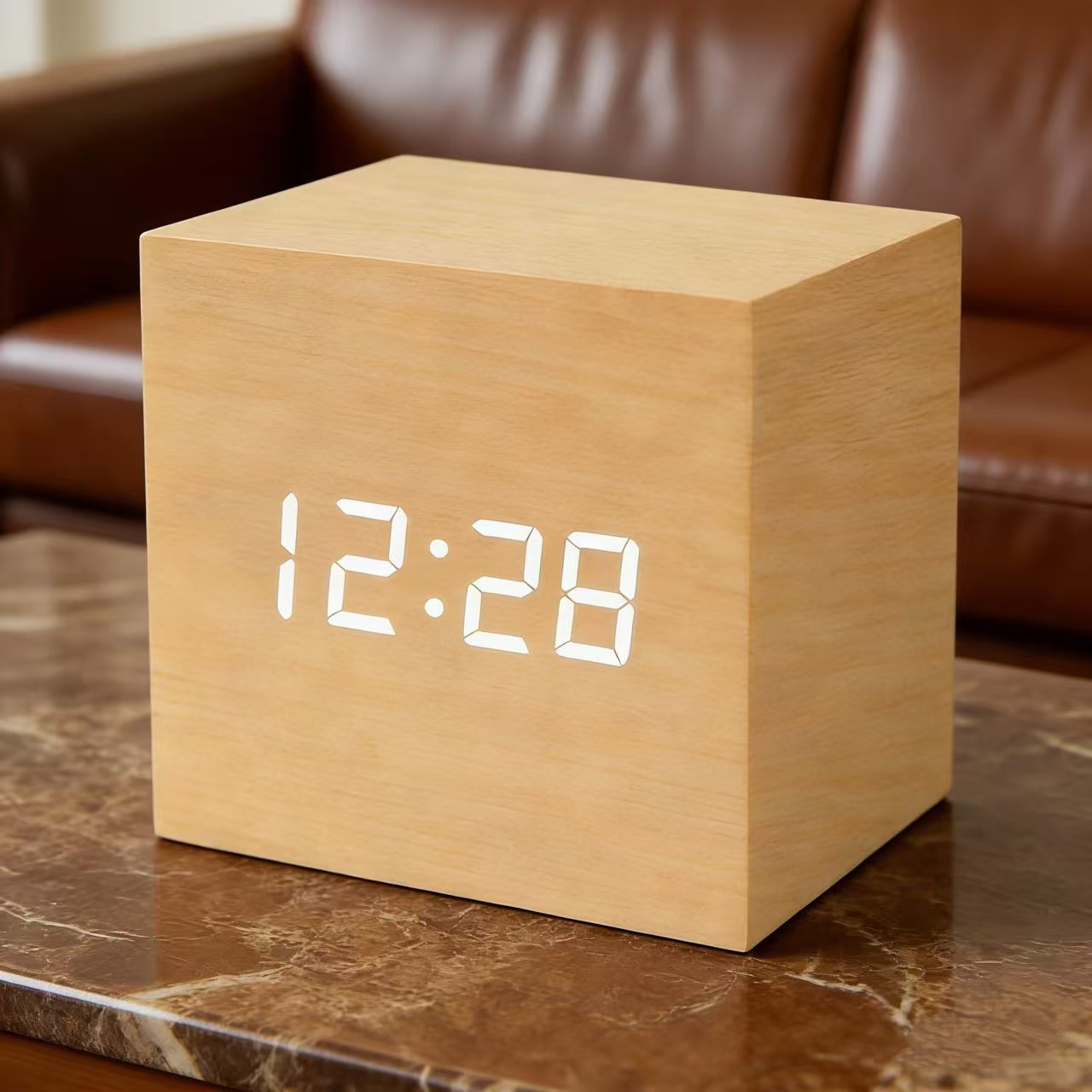 LED wooden voice-controlled alarm clock, office clock, bedside electronic alarm clock, LED digital clock