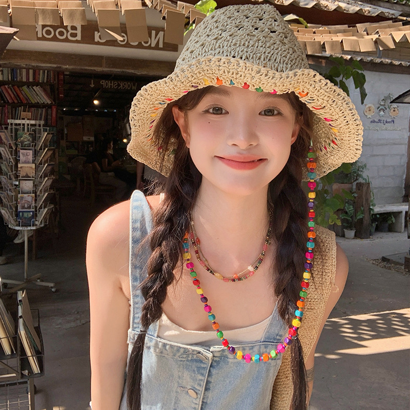 Colorful Beaded Straw Fisherman Hat, Summer Beach Vacation Sun Protection Straw Hat, Foldable Hat
