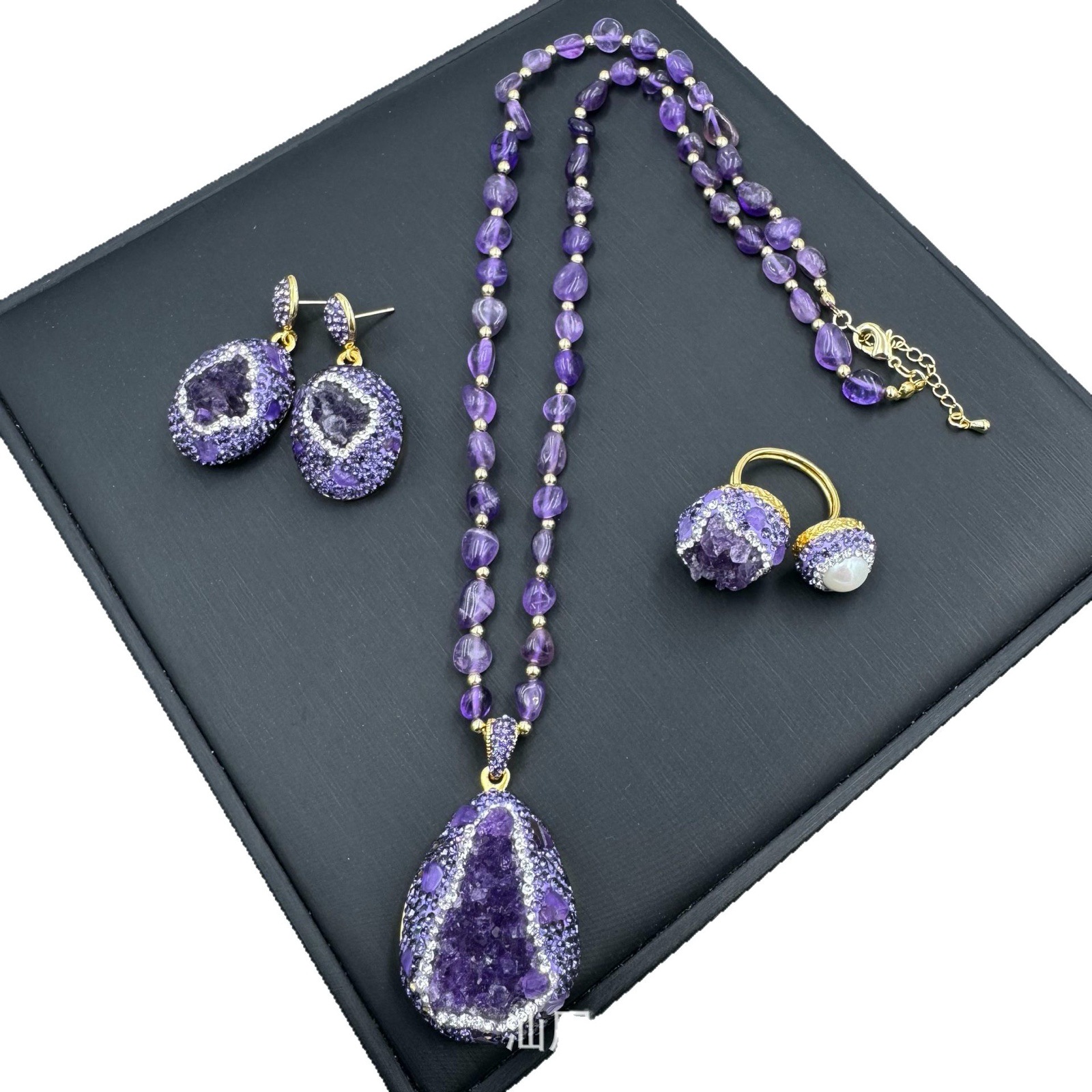 New Natural Raw Amethyst Sweater Chain Set Handcrafted Inlay Pendant Ring