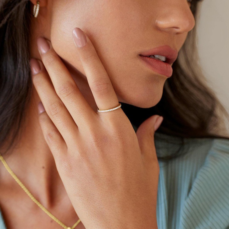 14K Gold Plated Solid 925 Sterling Silver CZ Row Drill Ring