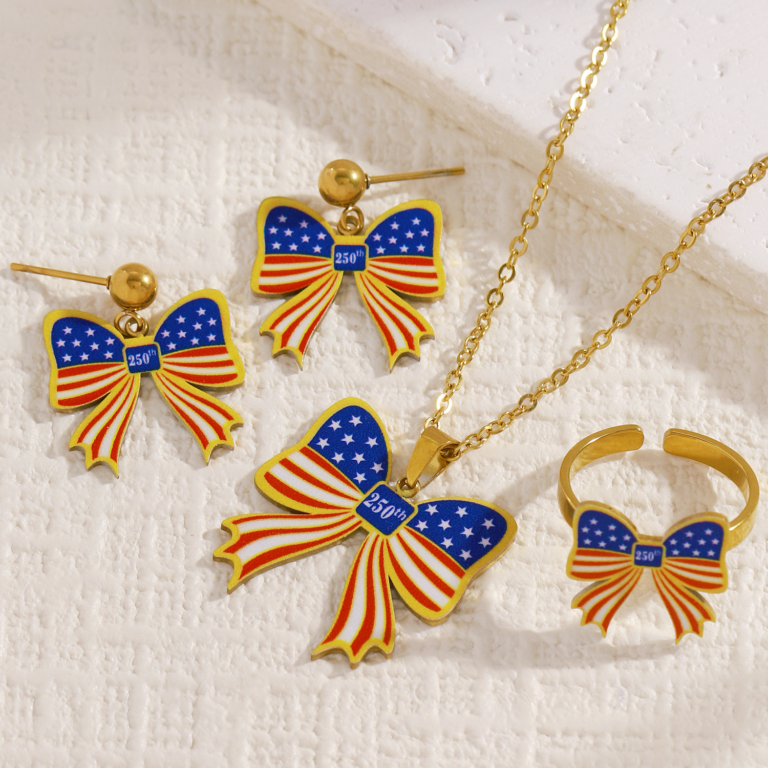 250th Anniversary American Independence Day Commemorative Brooch Earrings Ring Necklace Women's Bow Pendant Collarbone Chain Jewelry
