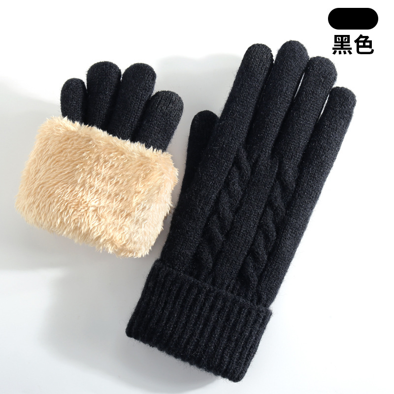 Knitted Gloves Women Winter Double-Layer Fleece-Lined Thick Warm Cold-Proof Outdoor Cycling Touchscreen Gloves