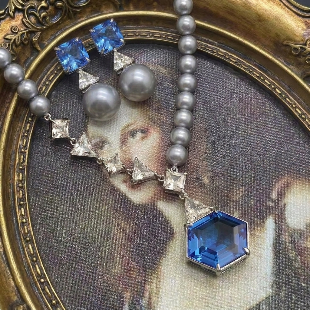 Qingdao vintage cool-toned aquamarine gray pearl set geometric cut necklace and earrings two-piece set