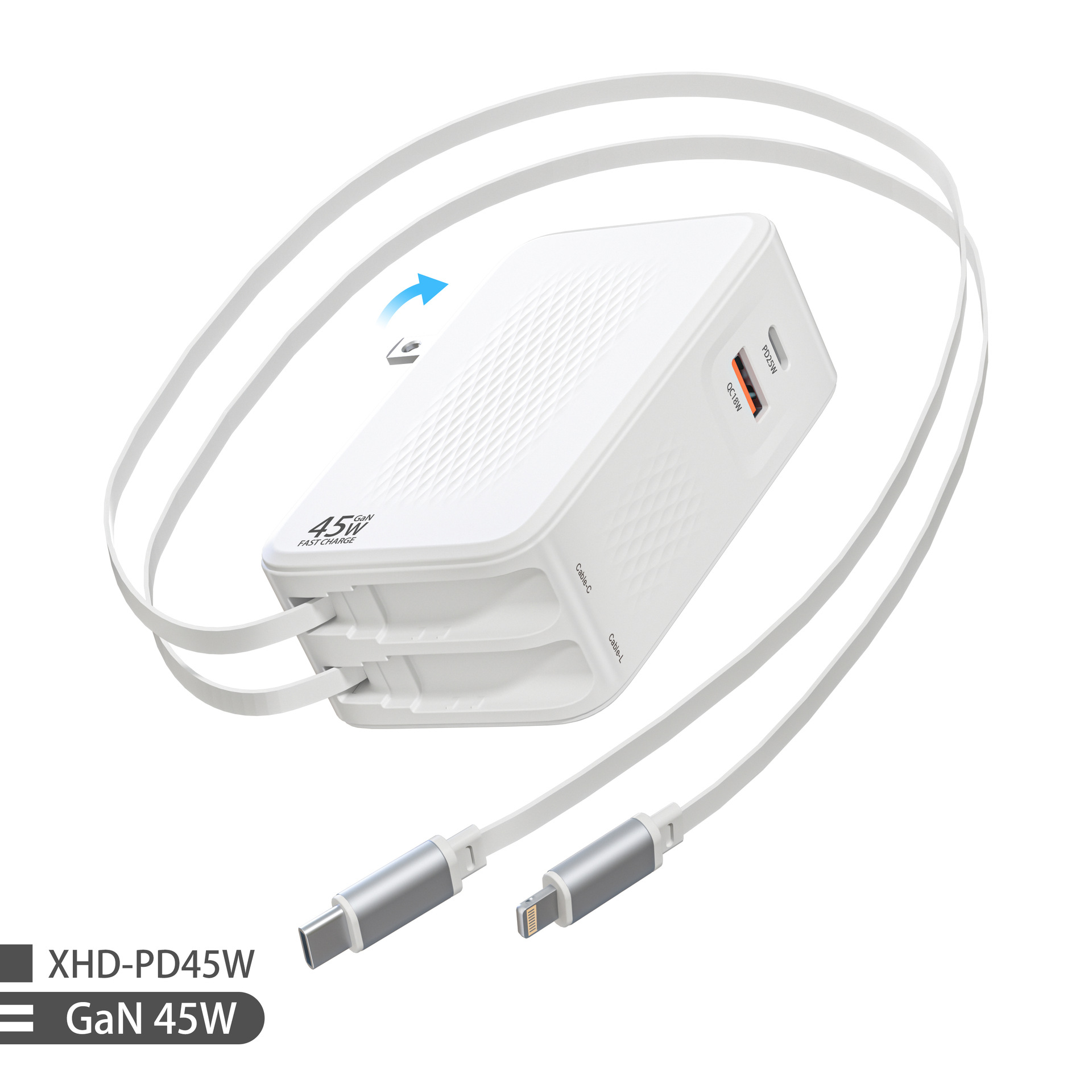 New GaN 45W retractable cable charger for small appliances laptop phone fast charging Apple 45W foldable US standard