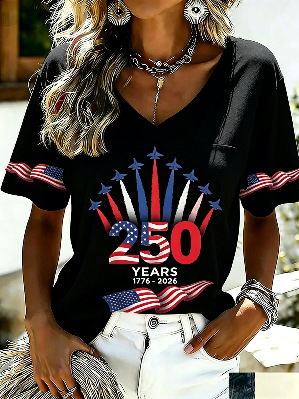 2026 independent station summer new US 250th anniversary flag print T-shirt women