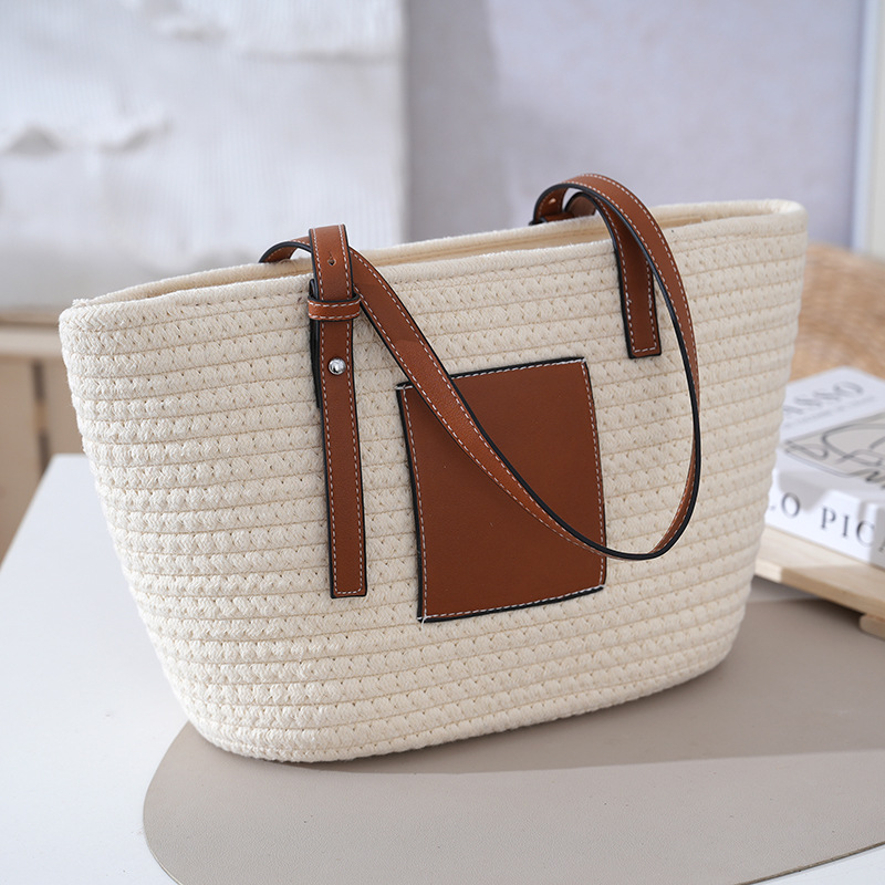 Casual Cotton Rope Woven Bag Women's New Large Capacity Vacation Beach Bag Woven Single Shoulder Handheld Tote Bag