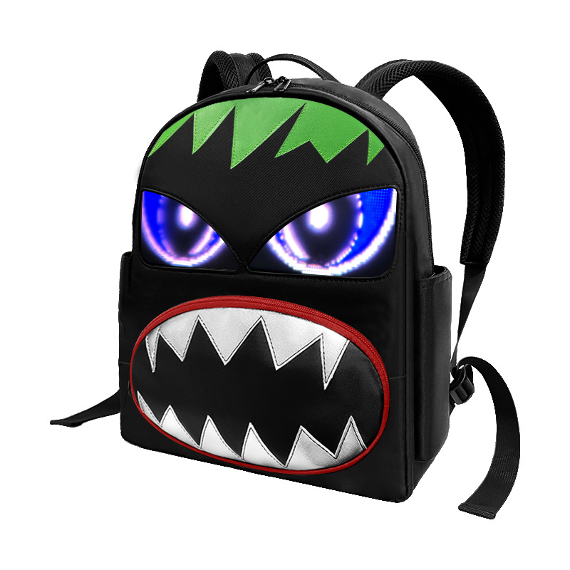 LED Rider Motorcycle Travel Backpack with DIY Glowing Eyes, Helmet Pouch, Waterproof, Unisex