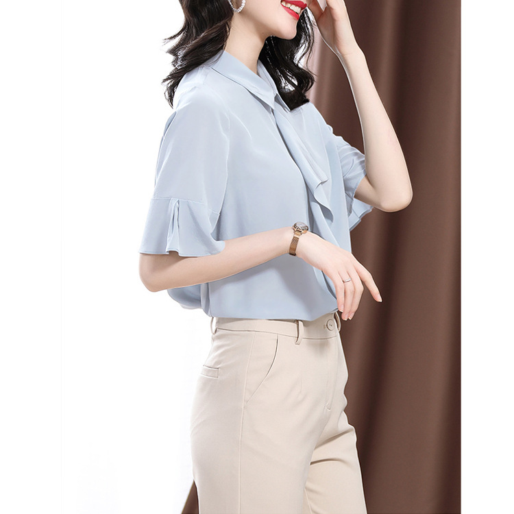 2026 Summer S339 Solid Color Ruffle Blouse 16 Momme Silk Crepe de Chine Shirt Top Women Flared Three-Quarter Sleeve