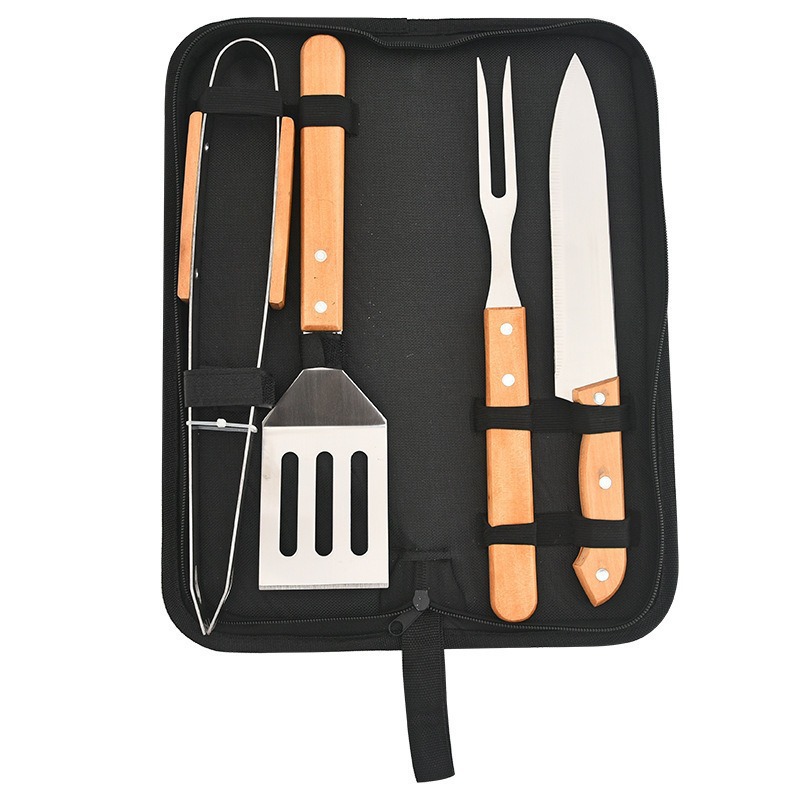 Outdoor Camping BBQ Tools Set Wooden Handle Fork Spatula Tongs BBQ Accessories Bag Stainless Steel BBQ Tools