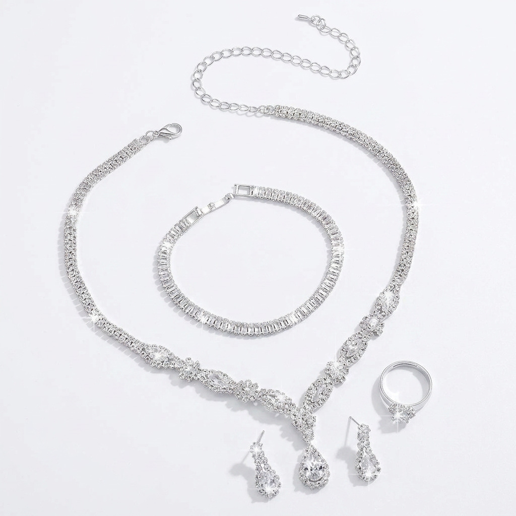 Jewelry Set Simple Wedding Dress Shiny Rhinestone Necklace Earrings Bracelet Ring Four-Piece