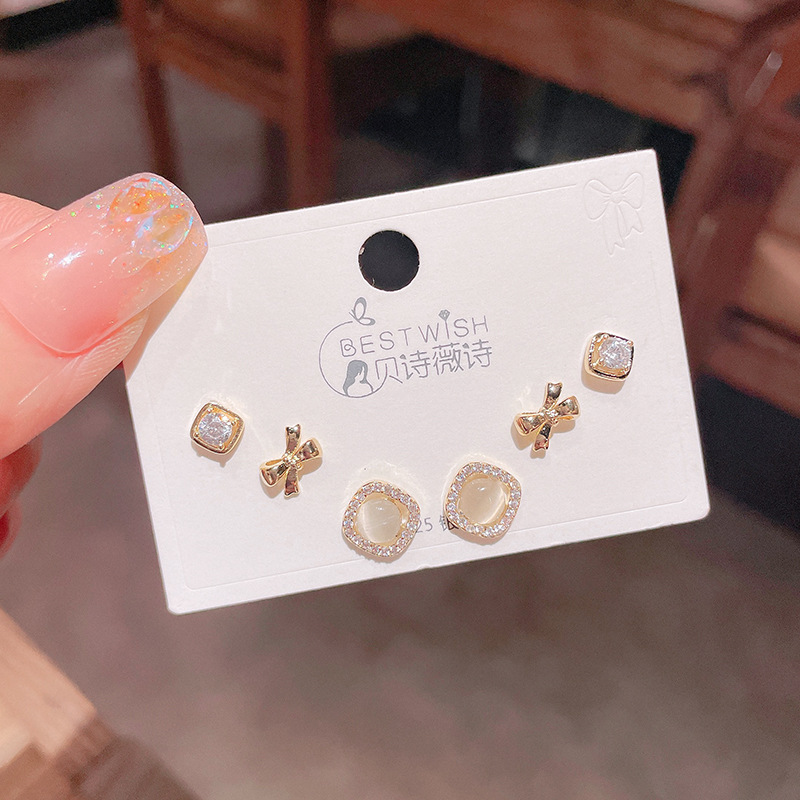 High-quality S925 silver needle zircon 6-piece set small earrings, women's simple three pairs of earrings