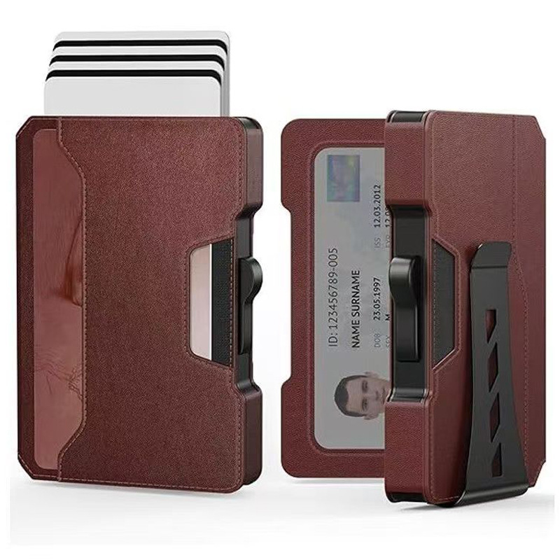 One-click Pop-up Metal Card Holder Multi-card Slot Men's Genuine Leather Wallet with RFID Anti-theft Function
