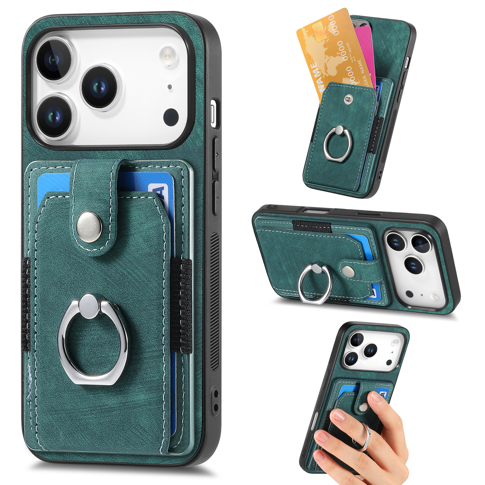 For Apple 18 card holder phone case solid color hardware ring car magnetic iPhone18 protective leather case