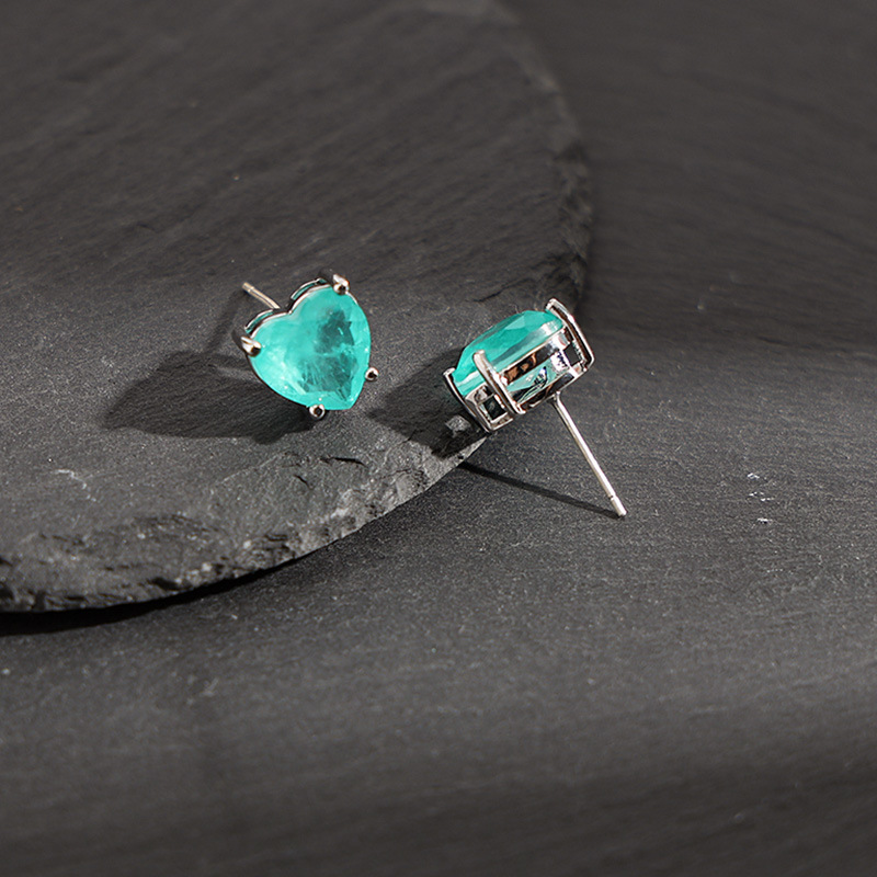 Heart Paraiba Patchwork Gemstone Ear Clip Design Simple S925 Needle Emerald Green Ear Studs No Piercing Ear Jewelry