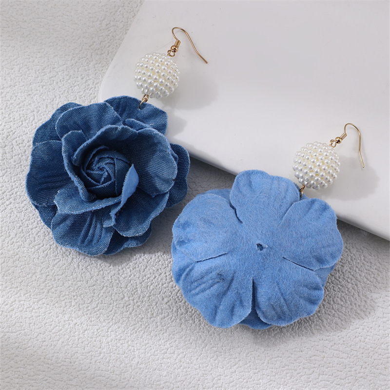 EZ5074 Women's Earrings Camellia Denim Blue Cloth New Women's Ear Accessories