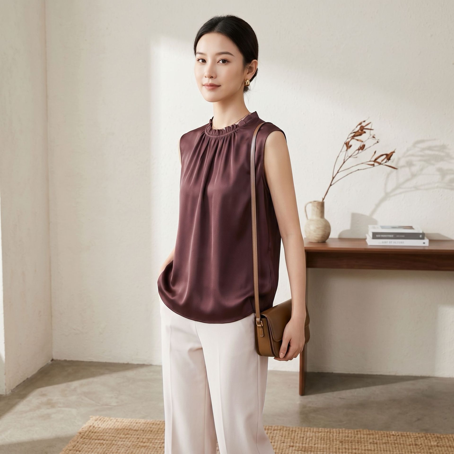 New Satin Mulberry Silk T-Shirt for Women Summer Commute Ruffled Sleeveless Vest Top Mid-Length