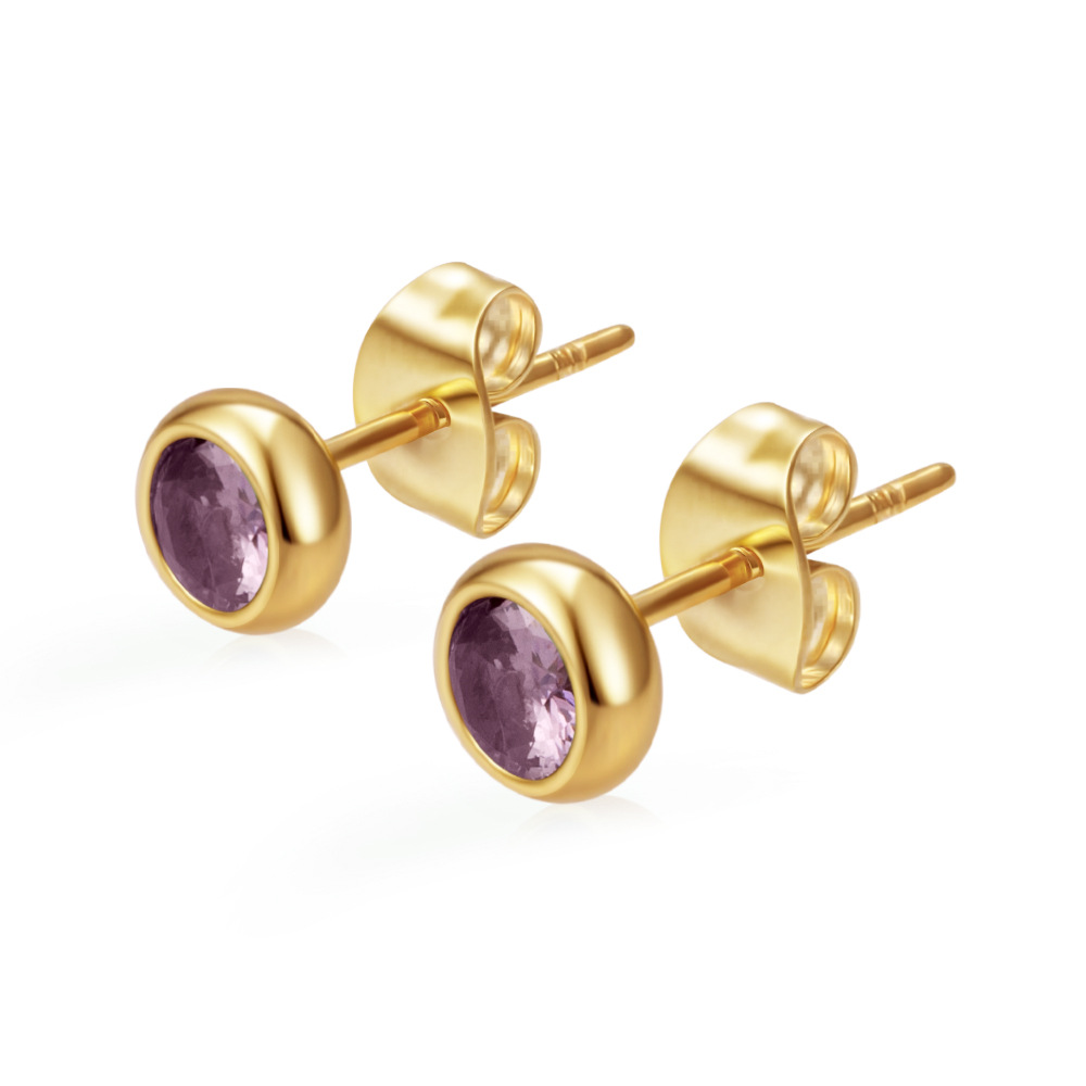 Exclusive round stainless steel zircon stud earrings for women, multi-color ear accessories, PVD 18K real gold ear
