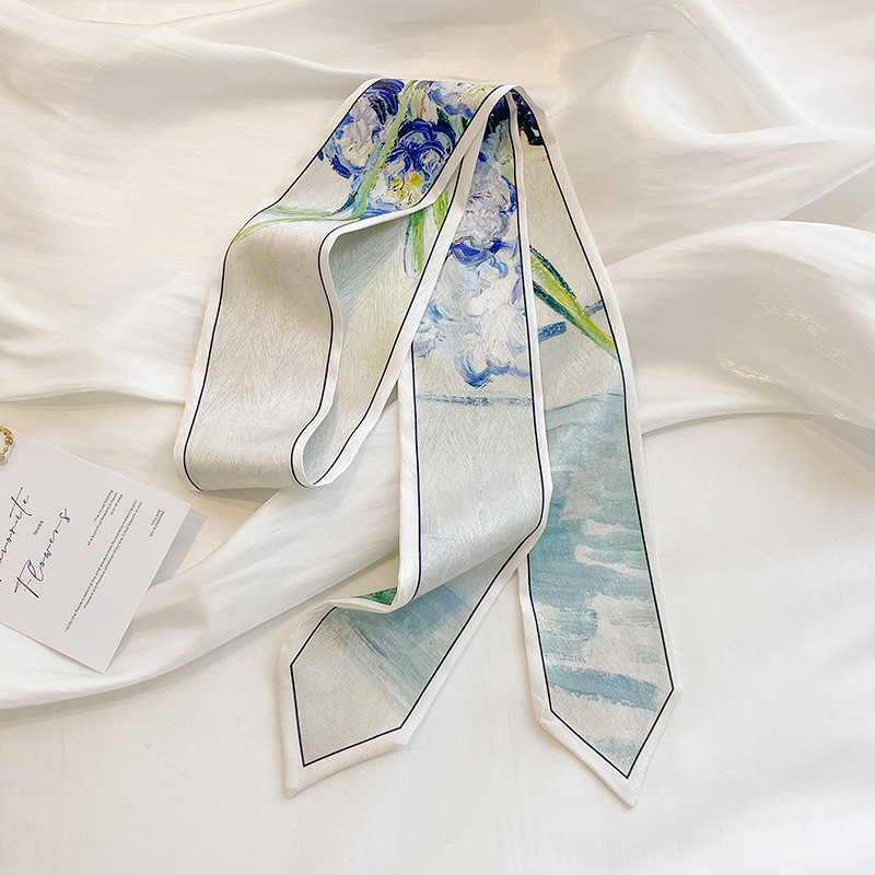 Spring and summer thin narrow ribbon, bag oil painting style small ribbon long scarf, belt, hairband