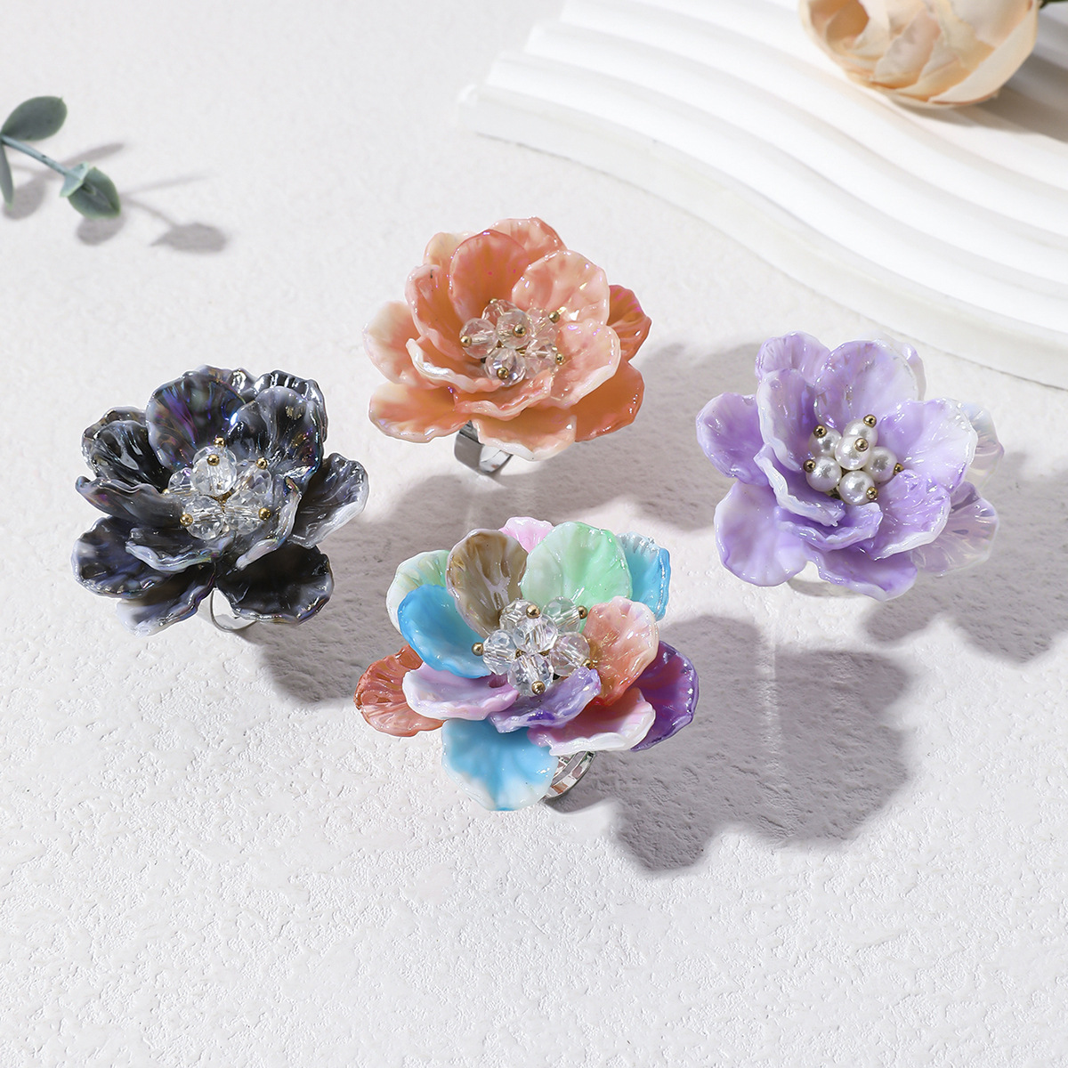 High-quality fresh and sweet colorful resin petal flower dopamine adjustable ring