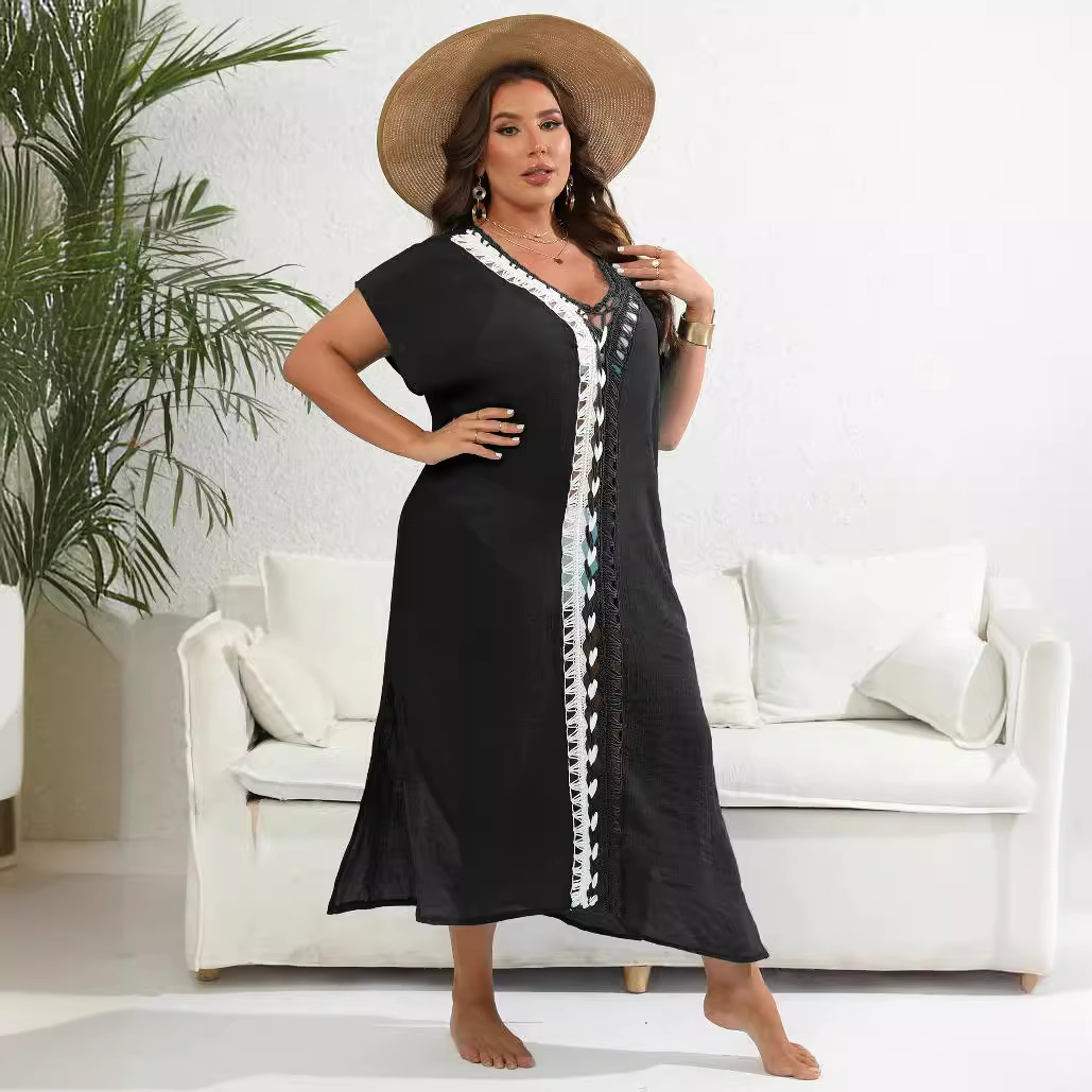 Vacation Beach Cover-Up Plus Size Women's Hand-Crocheted Contrast Color Deep V Split Dress 200250