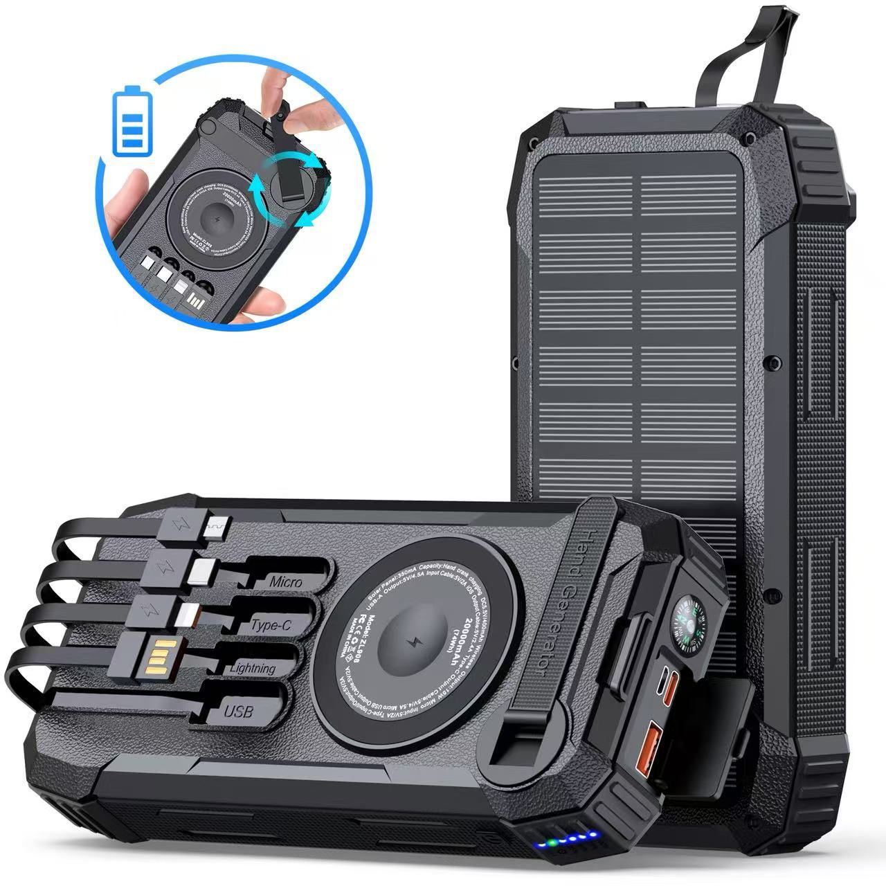 2025 new hand-crank solar charging bank four-line outdoor power bank 20000mAh magnetic wireless