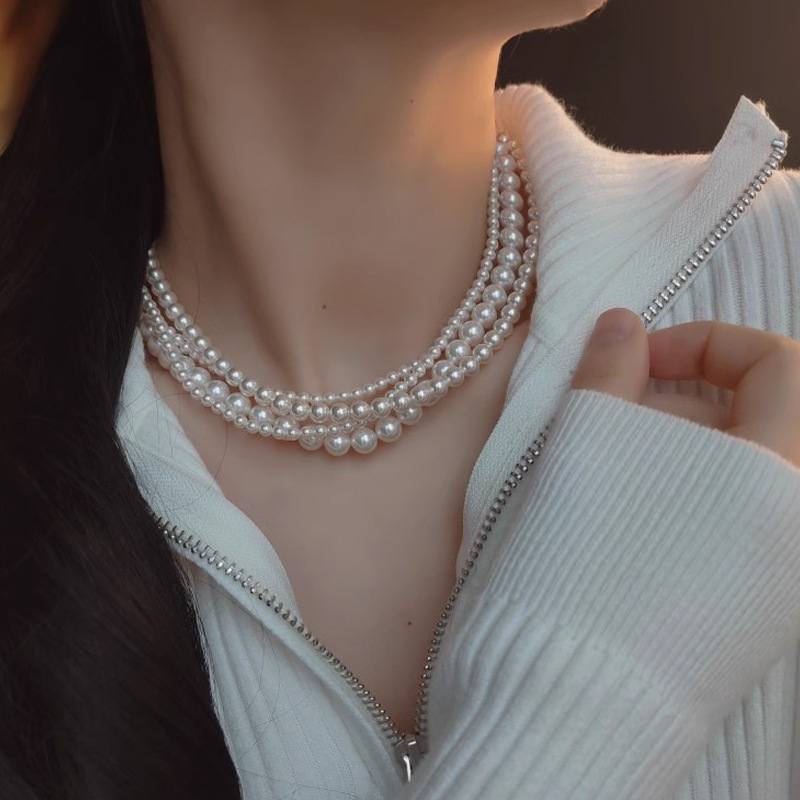 Four-layer stacked evening dress large pearl sweater necklace women niche multi-layer neck chain 2024 new