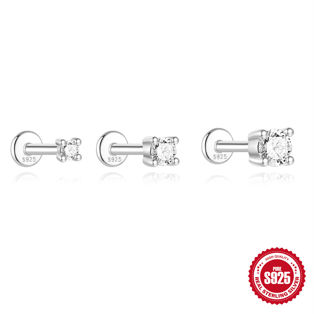 New S925 sterling silver four-claw moissanite flat head threaded cartilage ear stud ear bone stud
