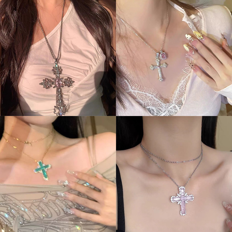 Multi-Layer Cross Tassel Necklace Court Style Collarbone Chain Sweet Cool Necklace for Women