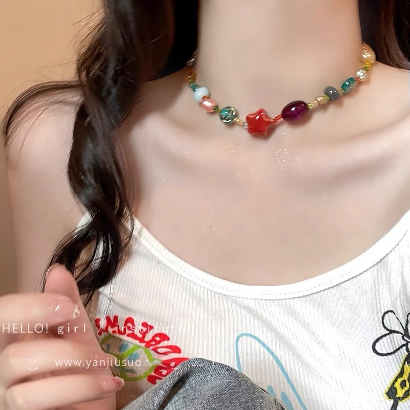 Seaside resort style natural shell bead adjustable necklace hand-woven rope sweet style collarbone chain