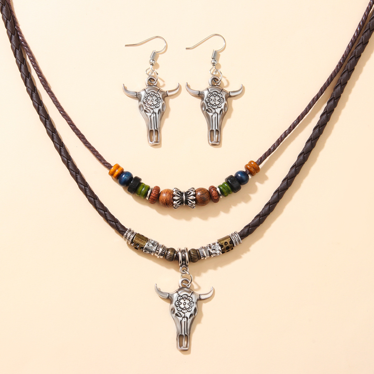 Five-leaf Clover Beaded Wax Rope Necklace Sweater Chain Earring Necklace Set