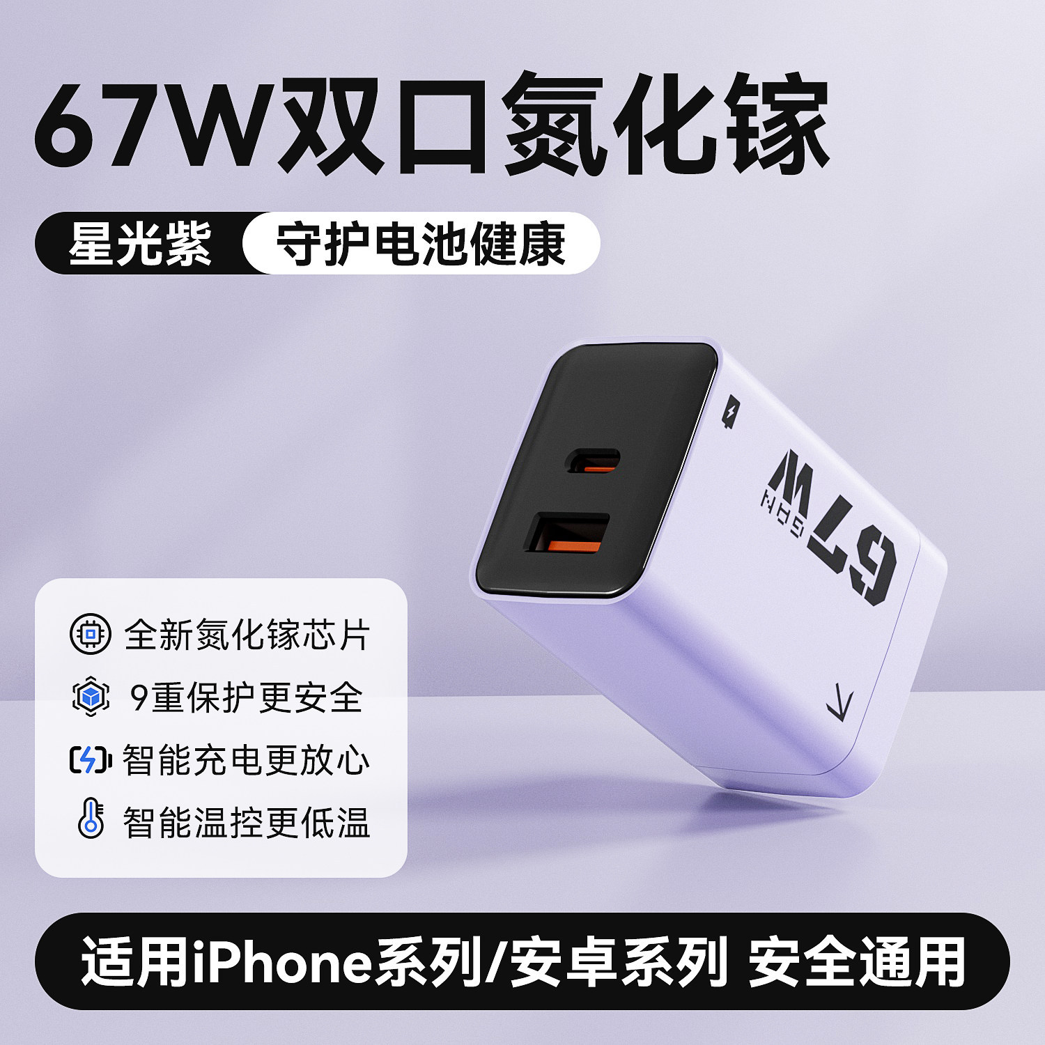 67W Fast Charger for Apple Huawei Xiaomi Android Phone Dual Port GaN Data Cable Set