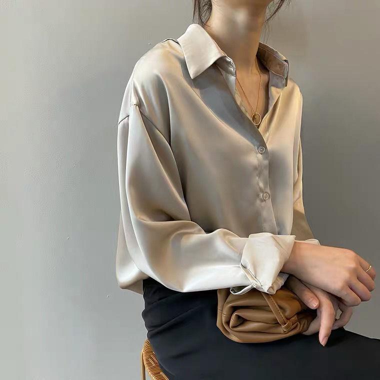 White Shirt Women Autumn/Winter Niche Satin Blouse Hong Kong Style Long Sleeve Top