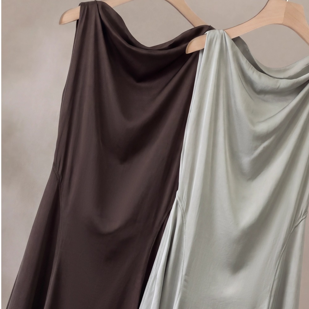 Th*ry counter new draped collar three-acetate sleeveless A-line dress women summer waist long skirt