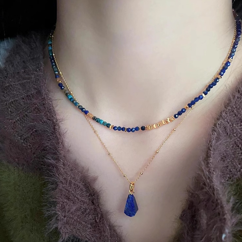 Natural royal lapis lazuli necklace turquoise sugar cube broken silver锁骨链 new Chinese style multi-purpose pendant niche women