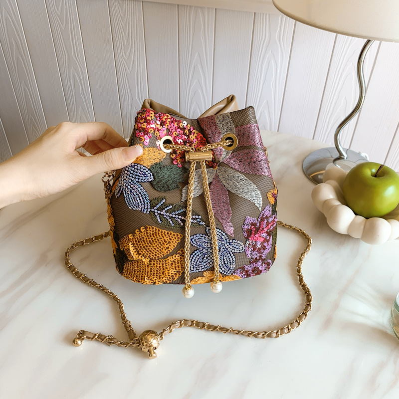 Women's Bag New Sequins Bucket Bag Contrast Color Mesh Embroidery Splicing Single Shoulder Chain Crossbody Bag