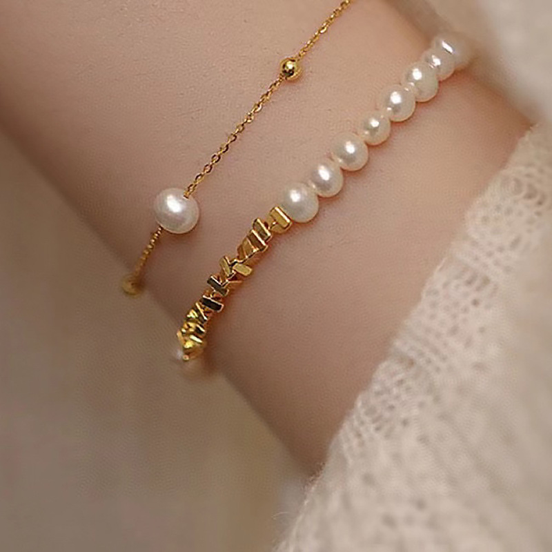 Natural Freshwater Pearl Bracelet Stackable New Women Double Layer Small Gold Bead Bracelet Summer