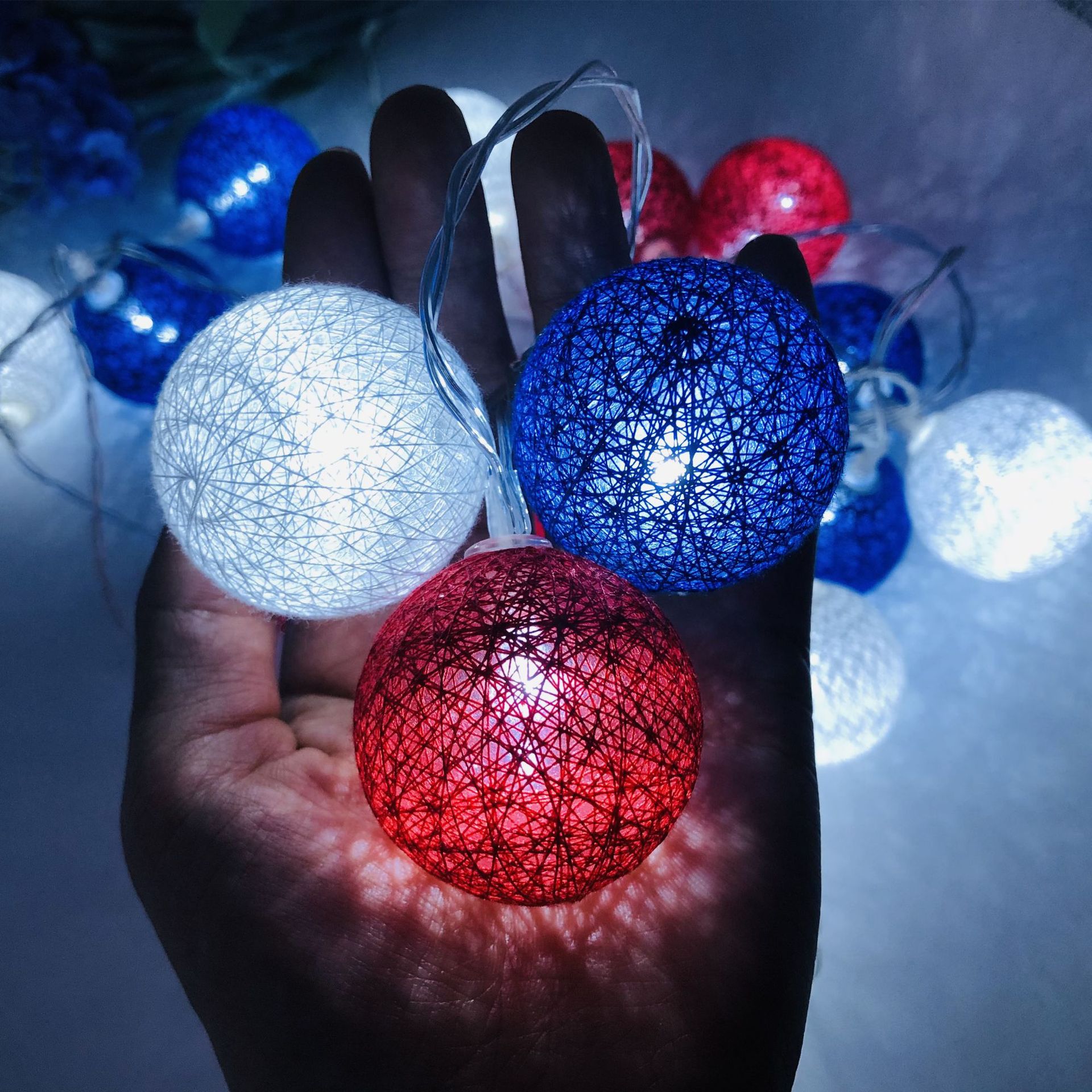 US Independence Day Light String LED Red White Blue Five-pointed Star Round Ball Light String USB Courtyard Garden Room Decorative Lights
