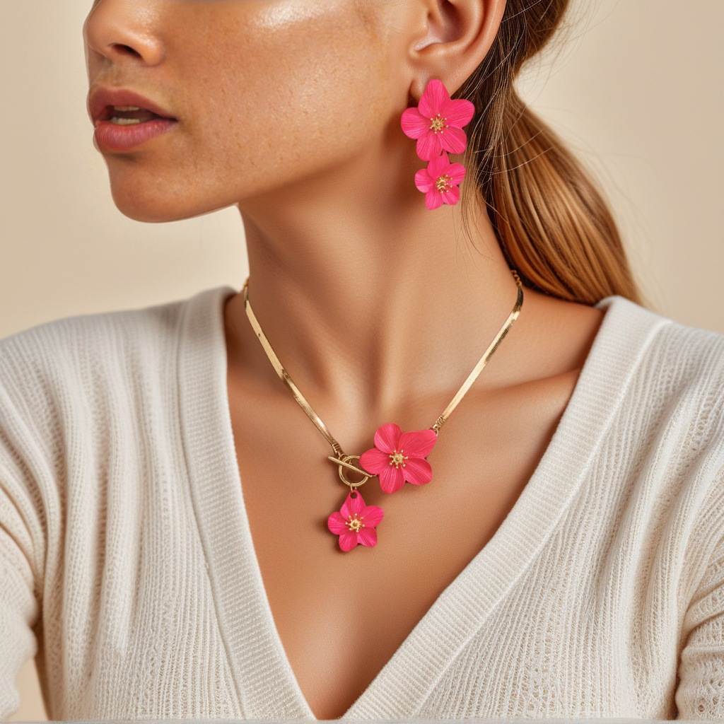 Bohemian Style Double Flower Earring Necklace Set Fresh Baked Paint Flower Jewelry Accessories