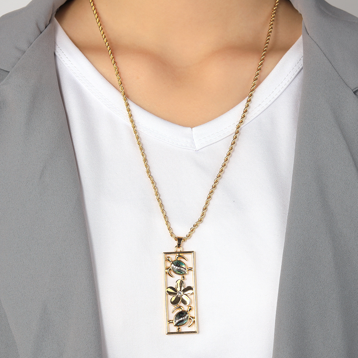 Hawaiian Beach Vacation Style Natural Abalone Shell Applique Long Strip Jewelry Set Turtle Frangipani Necklace Set