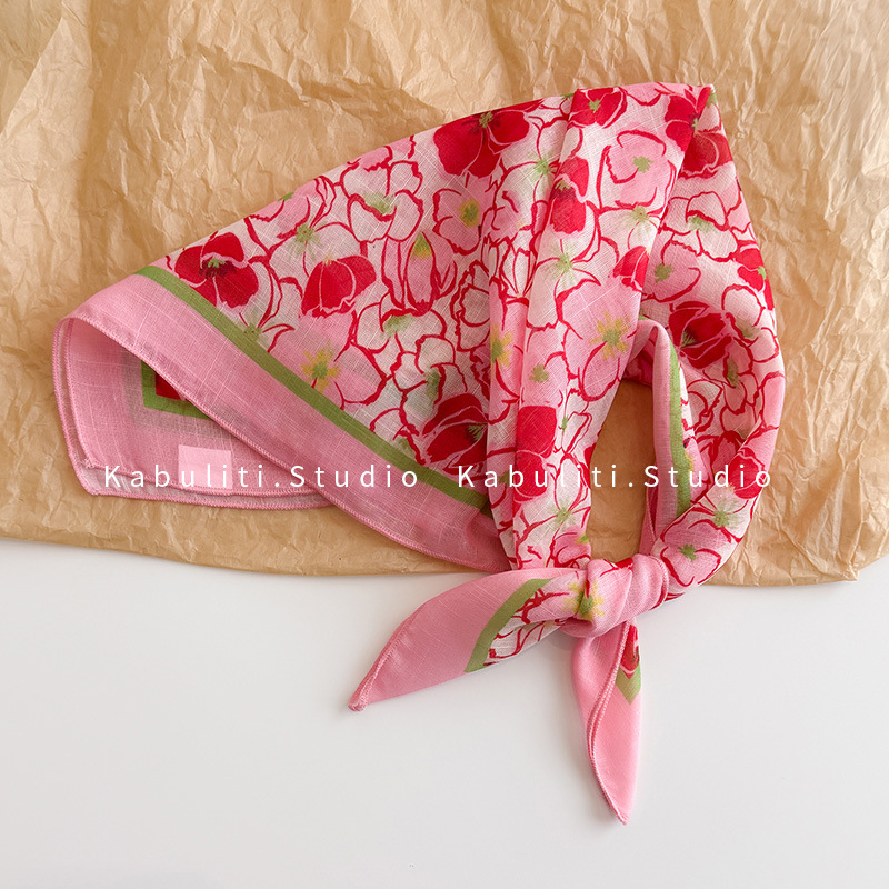 Silk scarf women's cotton linen small square scarf, sweet crushed flower headwrap sun protection decorative photo air-conditioned room shawl