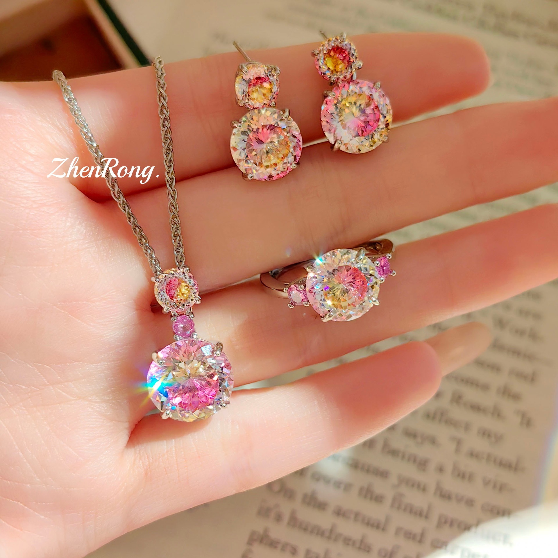 炫彩 pink diamond color gem set brilliant fire cut Paraiba pendant open ring Tanzanite blue earrings women copper