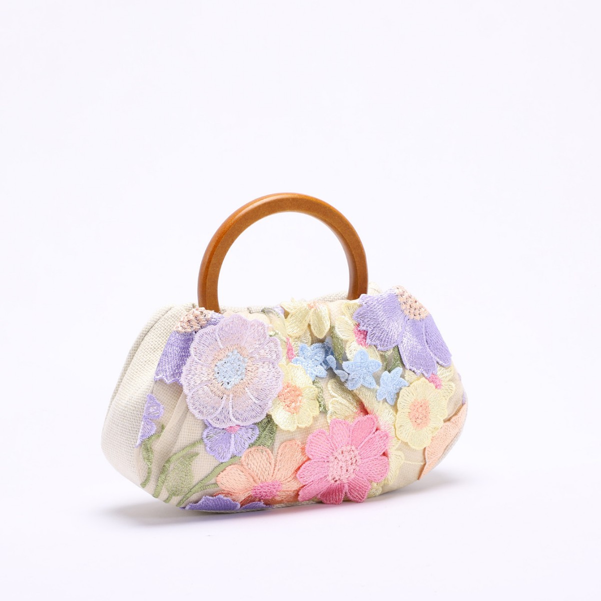 Round Ring Wooden Handle Bag Bamboo Knot Bag Applique Embroidery Vacation Style Women's Handbag Pearl Sequins Evening Bag