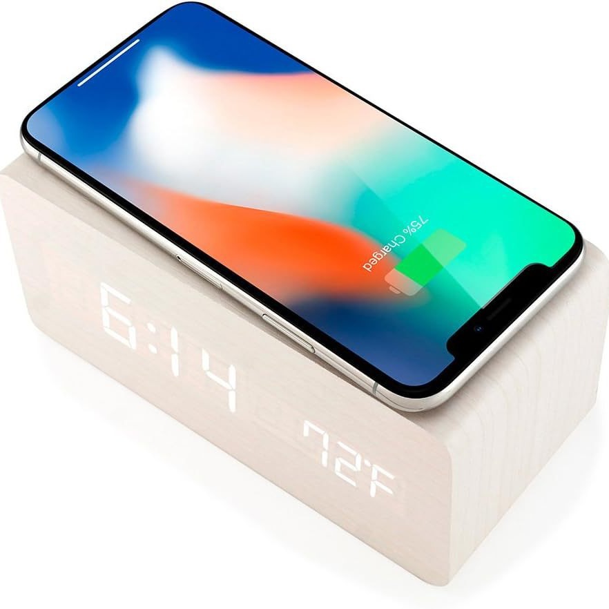 Wireless Charging Alarm Clock Multifunctional Smart LED Electronic Clock Simple Wooden Clock Silent Night Light Clock
