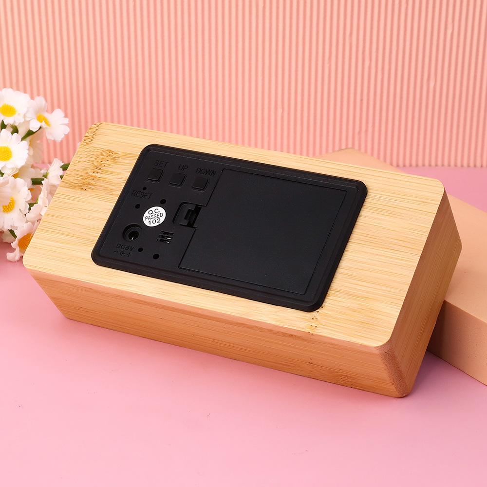 Bamboo wood LED bedroom electronic alarm clock, smart student children's desktop charging desktop clock with temperature and humidity meter wholesale