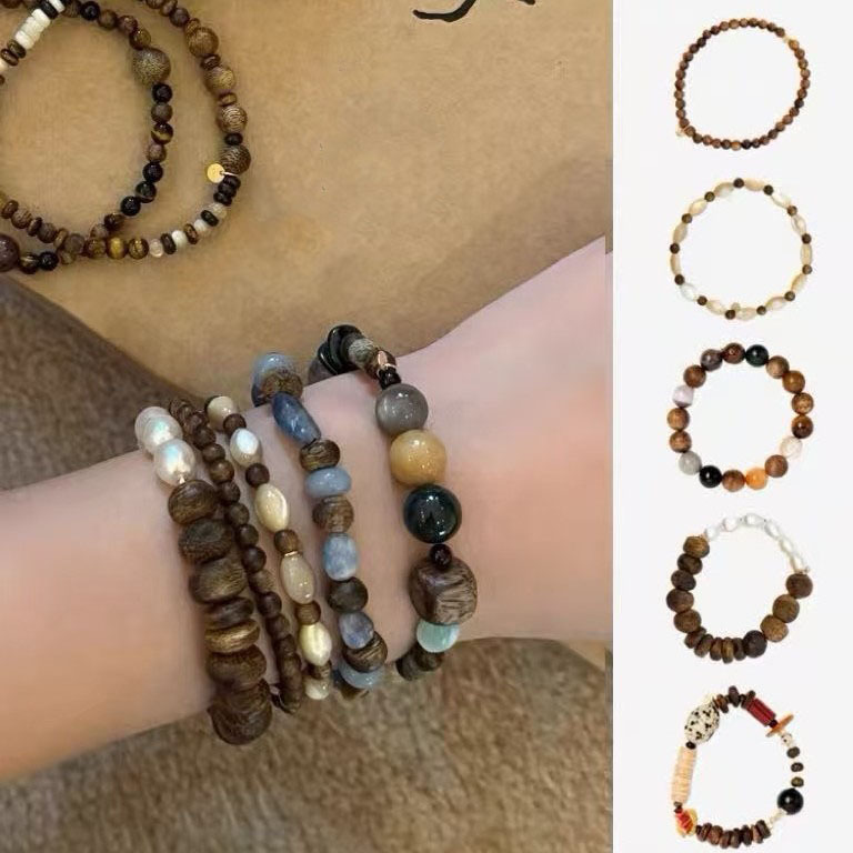 Spring Summer New Agarwood Sandalwood Natural Stone Agate/Amber/Crystal Tiger Eye Agate Beaded Bracelet for Women Collection