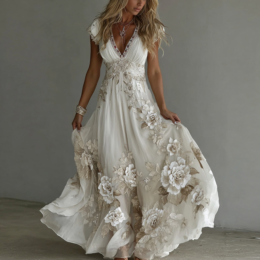 2026 Independent Station New Women's Solid Color Elegant Print Pleated Floral Dress