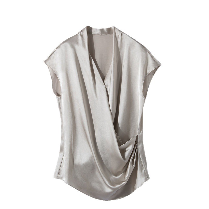 New Silk T-Shirt for Women Slim Fit Summer Mulberry Silk V-Neck Top Solid Color Short Sleeve Silk Blouse
