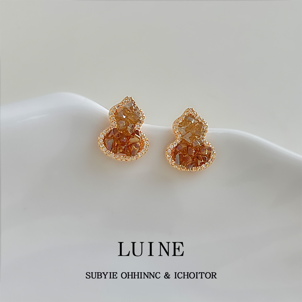 Close your eyes and buy! Easy to sell! Micro-set zircon silver-plated needle crystal gourd earrings orange gradient champagne earrings